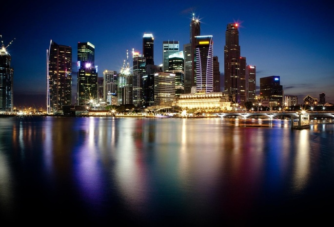 мегаполис, огни, ночной, Сингапур, город, небоскребы
