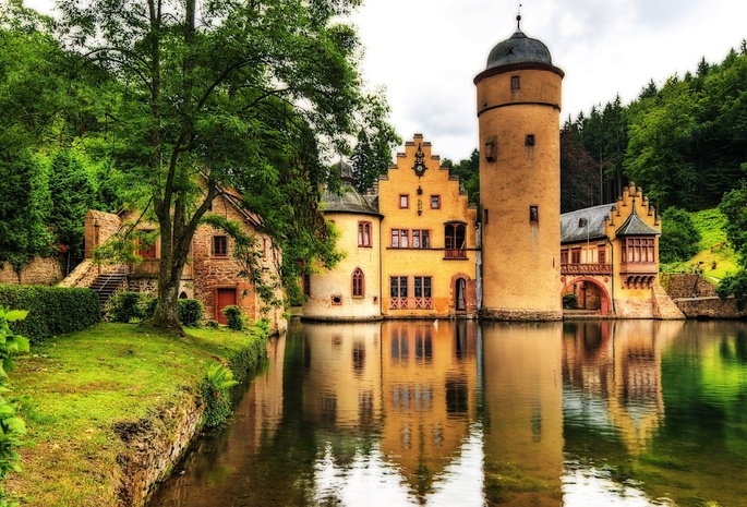 Замок, вода, germany, замок меспельбрунн, германия, castle