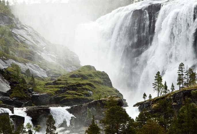 Waterfall, norway, , small sami fishing village