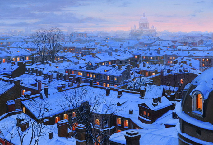 houses, st petersburg, st petersburg roofs, roofs, evening, Eugeny lushpin, snow, winter