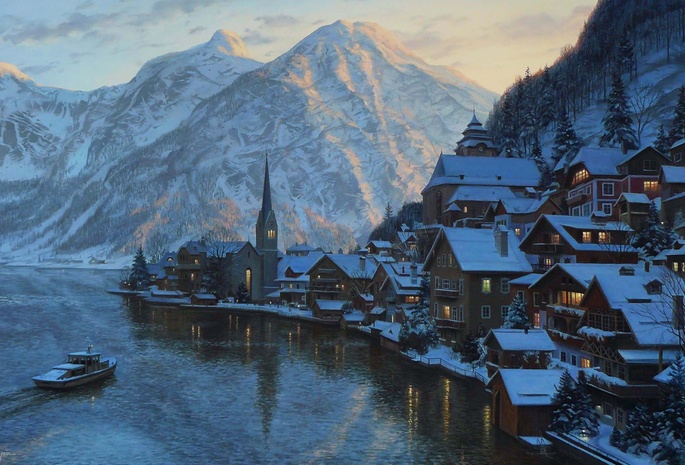 hallstatt, austria, Eugeny lushpin, lake, mountain, lushpin, painting, alps, town, village