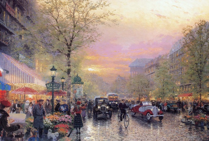 painting, thomas kinkade, france, le boulevard des lumieres at dusk, art, city of lights, Paris
