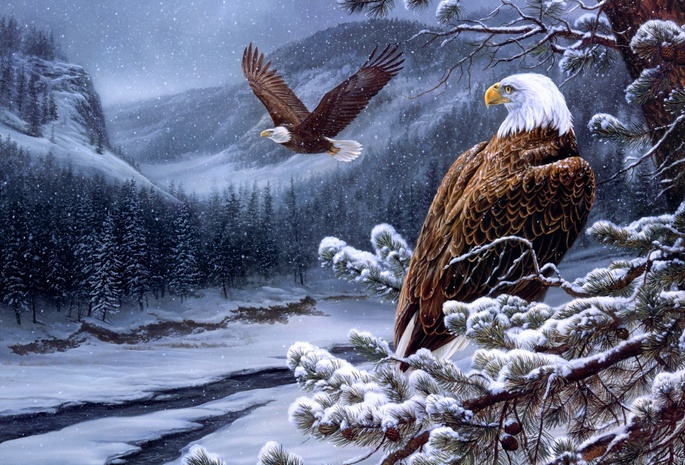 spirit of the wild-bald eagles, , winter, painting, Rosemary milette, river, eagles