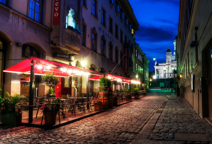 pavement, finland, helsinki, restaurant, street, evening