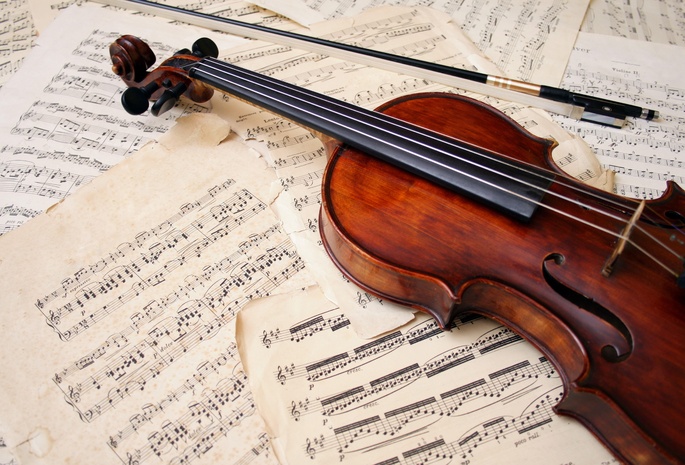 листы, смычок, музыкальный инструмент, ноты, Скрипка