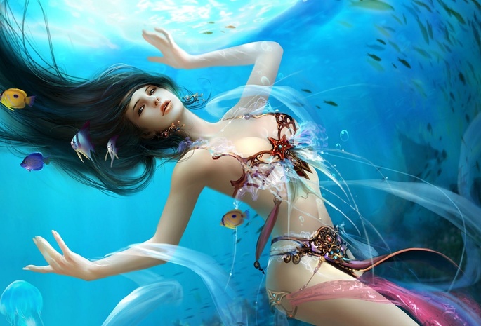 mermaid, gbrush, , , , fantasy, dehong he, Goddess of water