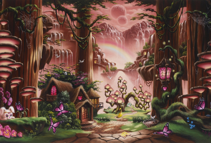 art, Rainbow cottage, fairytale, fantasy, sunset, house, girl, waterfall, christopher pollari