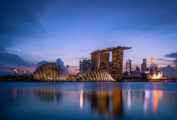 clouds, lights, skyscrapers, Singapore, blue sky, sunset, evening, gardens by the bay, architecture