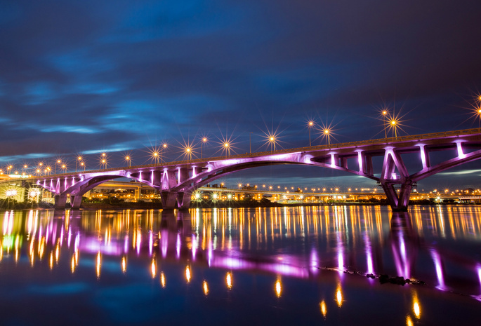 , bridge, reflection, river, taiwan, lights, taipei, night, , city, China