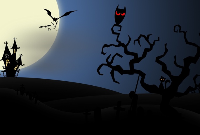 horror, evil cat, Halloween, creepy, owl, bats, house, midnight, full moon, vector art, scary