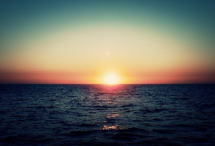 Закат, солнце, море, горизонт, вечер, небо