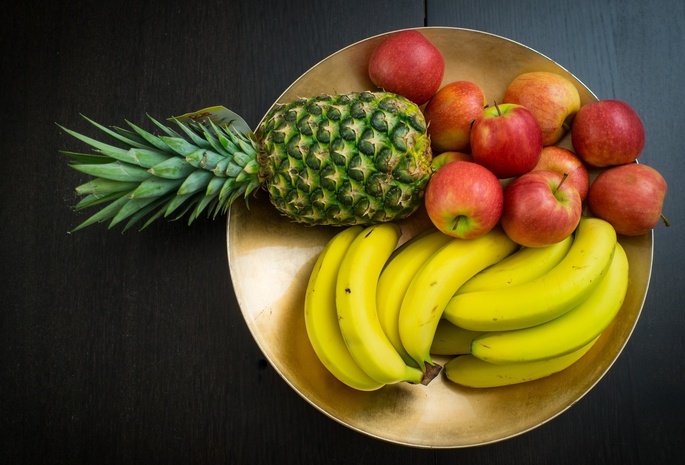 Еда, фрукты, тарелка, банан, яблоки, ананас, полезное