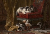 Painting, art, cat, five, kitten, chair, , , , , , , 