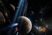 Космос, Астероиды, Планета, Кольцо, Звёзды, Комета, Лёд