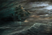 волны, море, Корабль, призрак, шторм, тучи