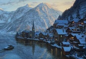 hallstatt, austria, Eugeny lushpin, lake, mountain, lushpin, painting, alps ...