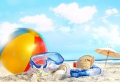пляж, море, солнце, мяч