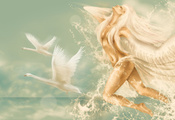 лебеди, Ангел, девушка, нобо, крылья