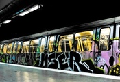 Город, надписи, поезд, метро, краски, рисунки, graffiti