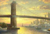 flag, thomas kinkade, city, painting, new york, bridge, usa, The spirit of  ...