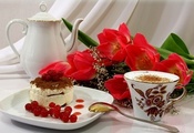 , coffee, flowers, cup, Cake, , red, tulip, red tulips, cappuccino