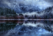 природа, озеро, туман, зима, снег