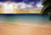 пляж, закат, пальма, песок, океан, остров, мечта