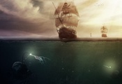 пираты, море, монстры, Корабль