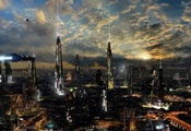 towers, ships, sci-fi, rich35211, Futuristic city 4, planet, scott richard