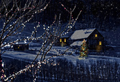 christmas tree, town, magic christmas night, nature, Merry christmas, house ...