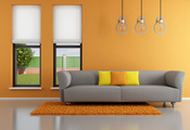 pillows, stylish design, Interior, window, couch, orange, living room, mini ...