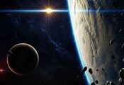 blue, asteroids, Planets, light, satellites, sci fi