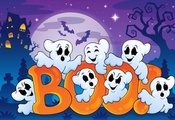 funny ghosts, bats, full moon, boo, хэллоуин, creepy house, Halloween, vect ...