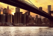 здания, бруклинский мост, new york, Нью-йорк, закат, солнце