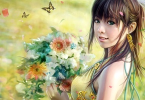 нарисована девушка, полевые цветы, зеленые глаза
