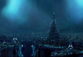 ночной город, синяя дымка, фантастические строения