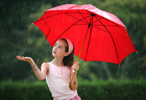 Девочка, зонт, красный, дождь