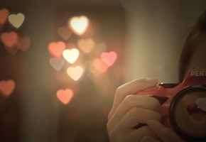 Сердечки, фотоаппарат, вспышка, любовь