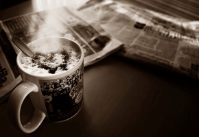 Чашка, кофе, пенка, сердце, газеты, стол, фото, сепия