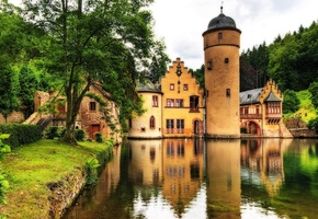 Замок, вода, germany, замок меспельбрунн, германия, castle