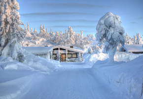 финляндия, дорога, Природа, домик, небо, зима