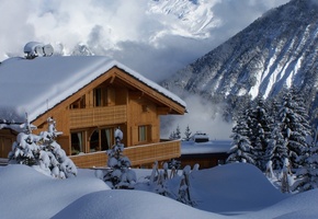 сугробы, домик, горы, деревянный, Франция, зима, снег