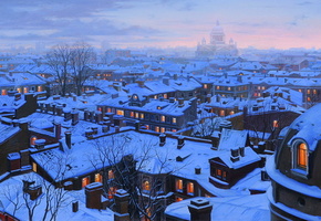 houses, st petersburg, st petersburg roofs, roofs, evening, Eugeny lushpin, snow, winter