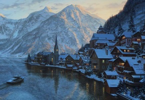 hallstatt, austria, Eugeny lushpin, lake, mountain, lushpin, painting, alps, town, village