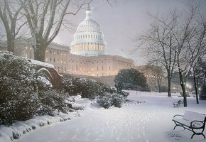 painting, park, Evening on the hill, meeting place, hill, evening, rod chase, united states capitol