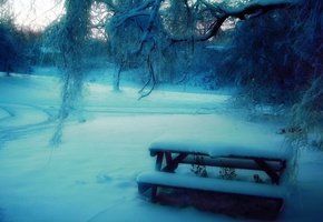 размытость, деревья, снег, столик, Зима, скамейка, парк