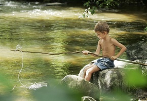 мальчик, ребенок, река, рыбалка