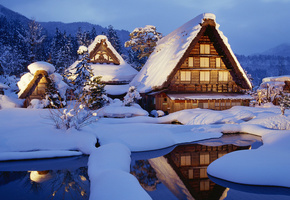домики, зима, снег, япония, japan