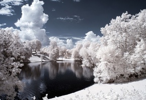 иней, зима, мороз, photoshop, озеро, лес