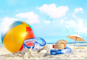 , , Shells, ball, , clouds, beach, sky, nature, , sea, sand